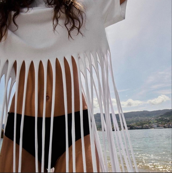 Zara long fringe t-shirt top white size S - Picture 10 of 11